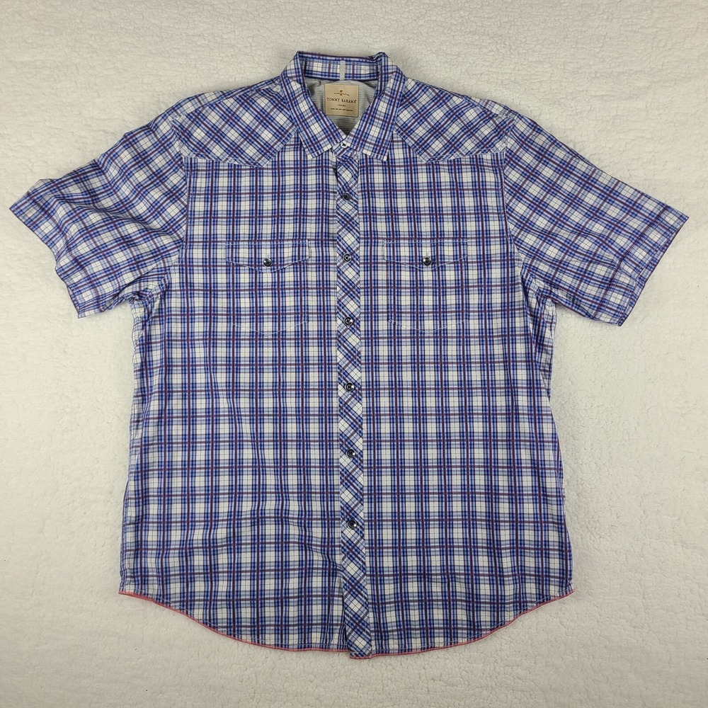 Tommy Bahama Jeans Dress Shirt Mens XL Blue Plaid Cotton Hawaiian Button Up